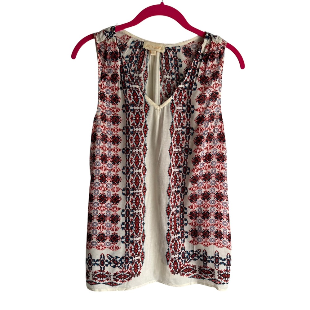 LUCY & LAUREL Rayon Red, Cream and Blue V-Neck Ladies Sleeveless Blouse, S